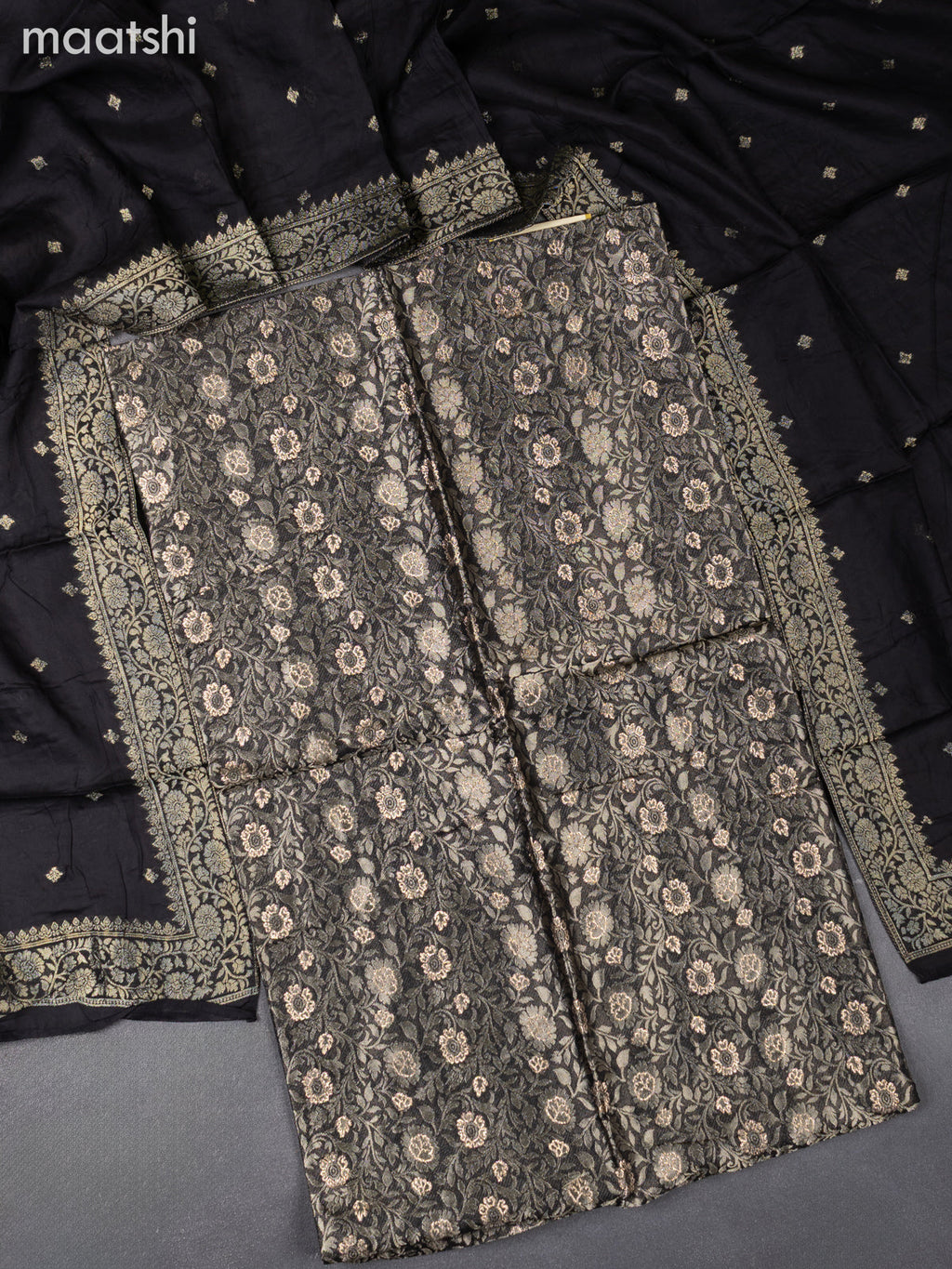 Banarasi silk dress material elephant grey with allover zari brocade weaves and dupatta & without bottom