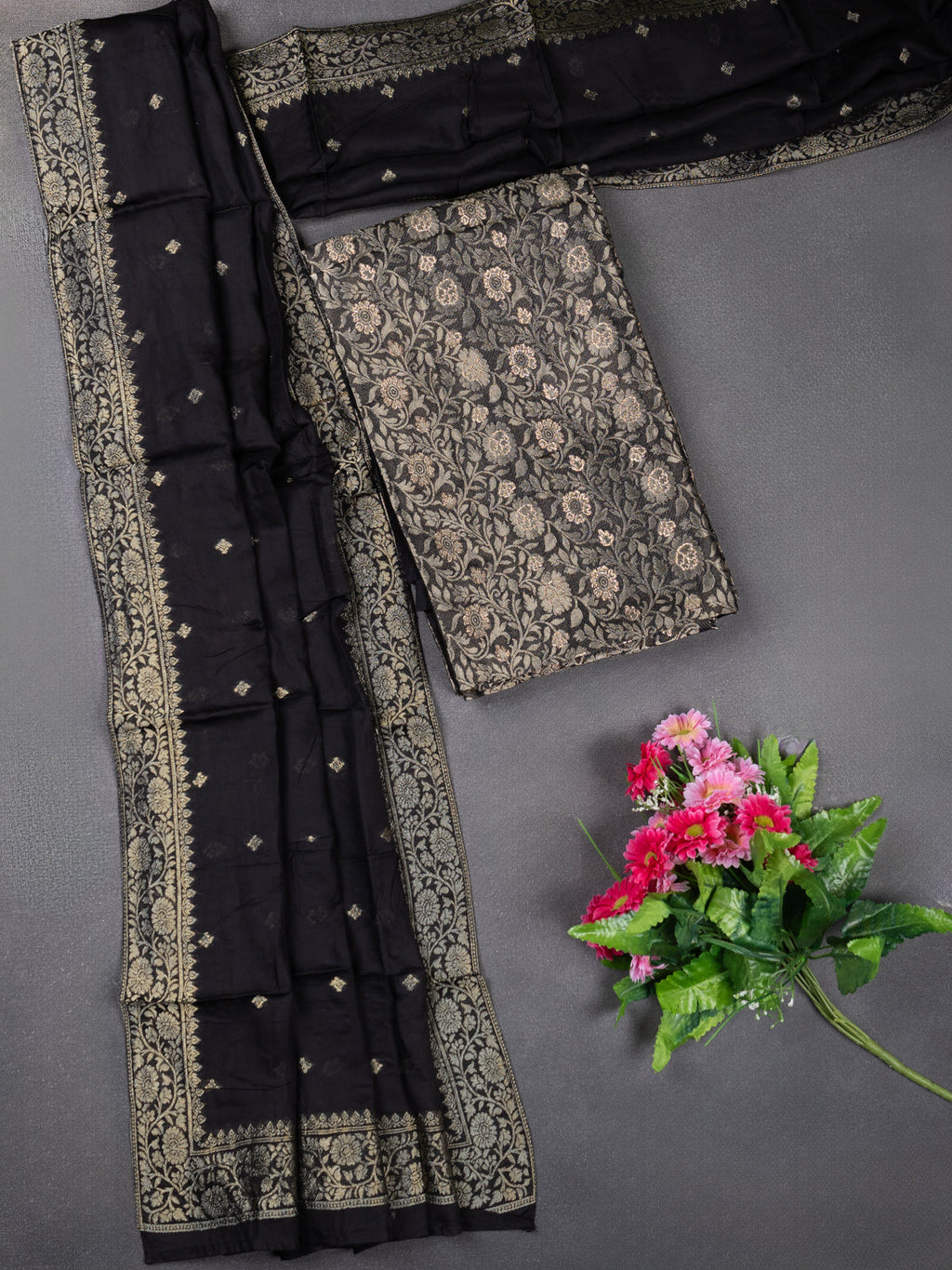 Banarasi silk dress material elephant grey with allover zari brocade weaves and dupatta & without bottom