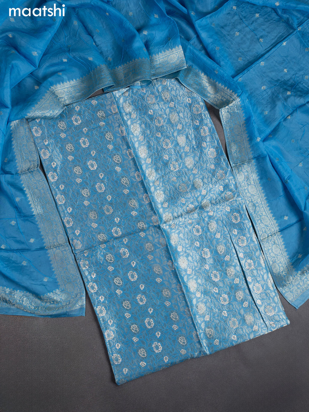 Banarasi silk dress material cs blue with allover zari brocade weaves and dupatta & without bottom