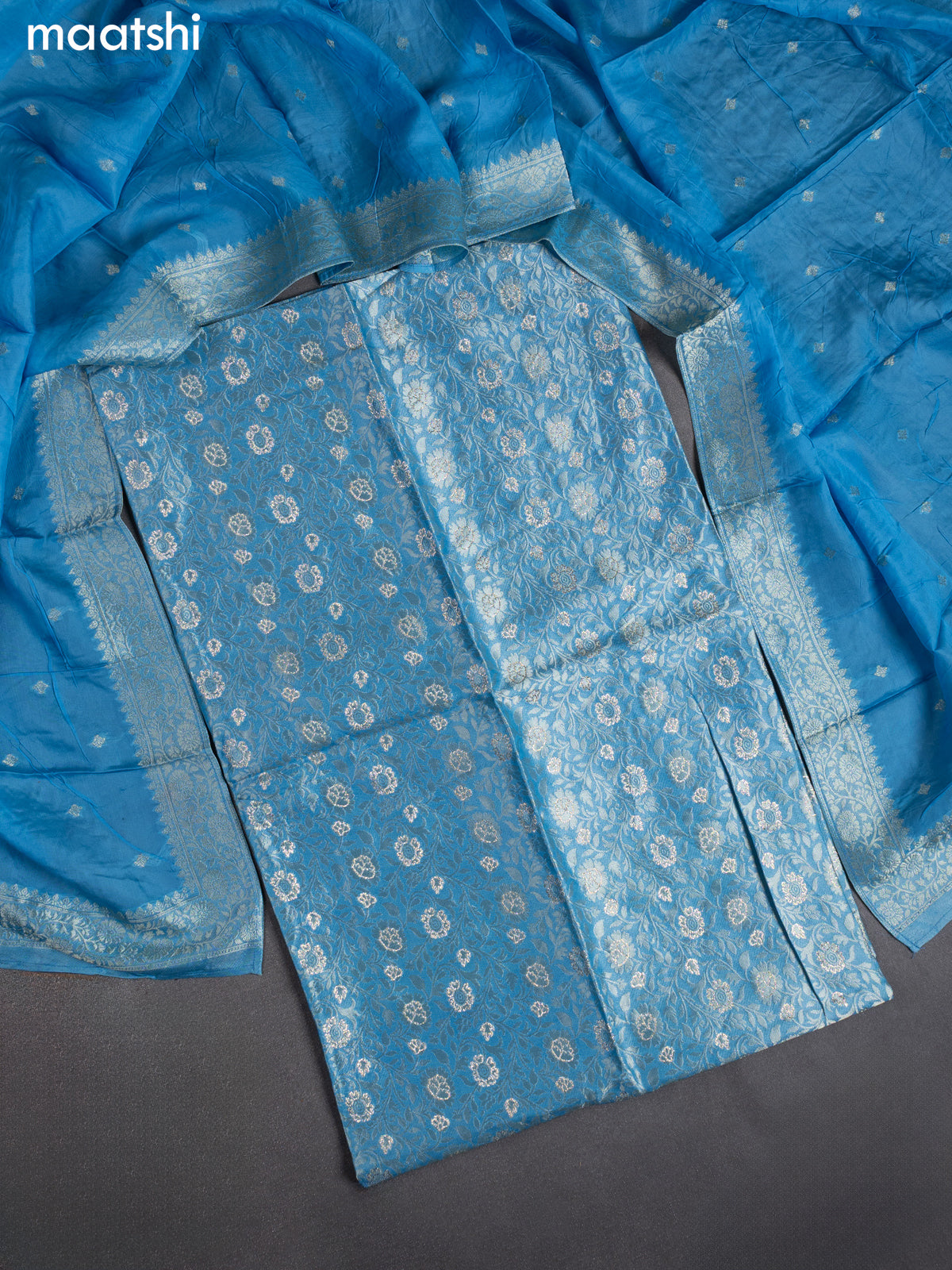 Banarasi silk dress material cs blue with allover zari brocade weaves and dupatta & without bottom