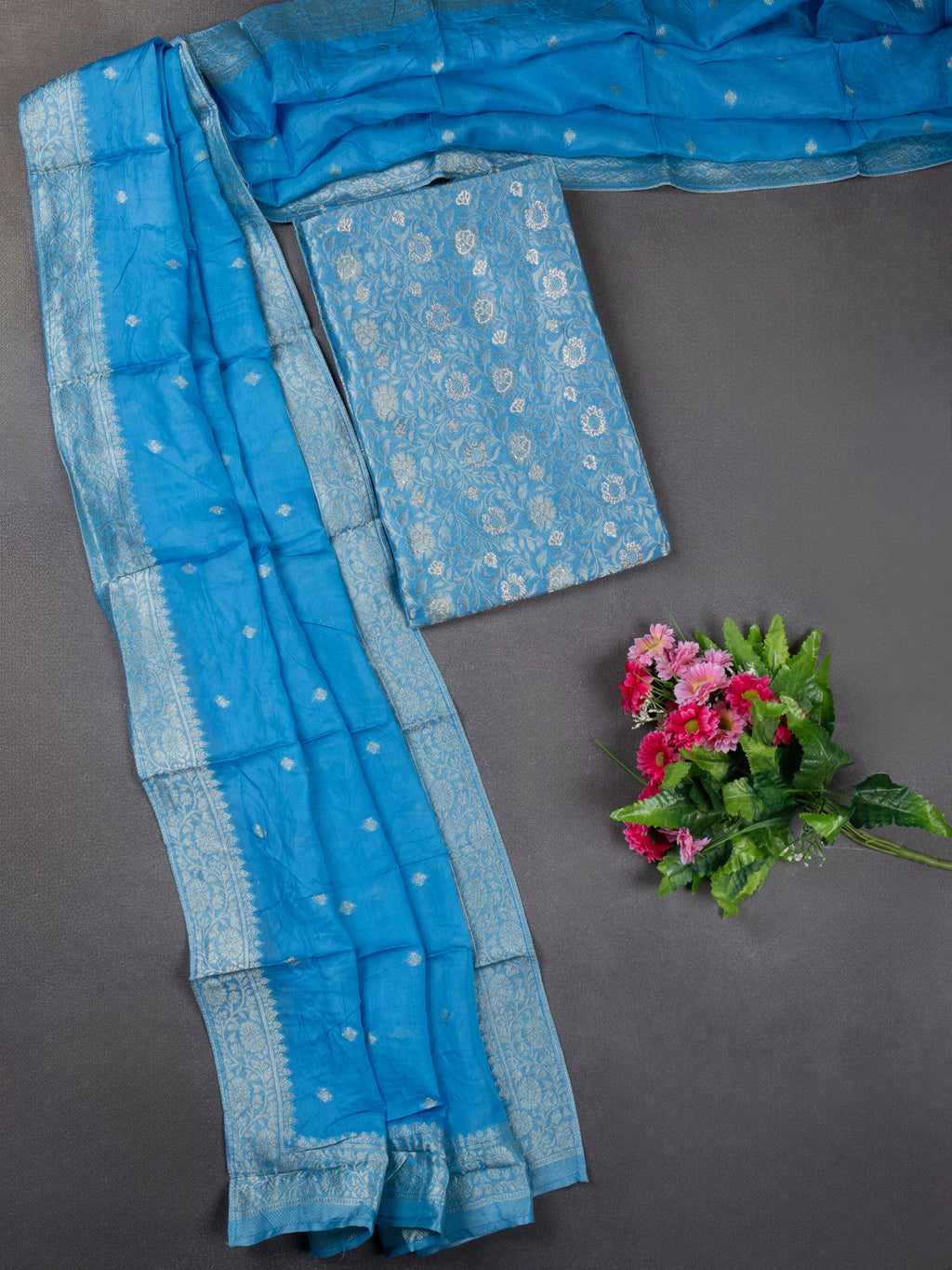Banarasi silk dress material cs blue with allover zari brocade weaves and dupatta & without bottom
