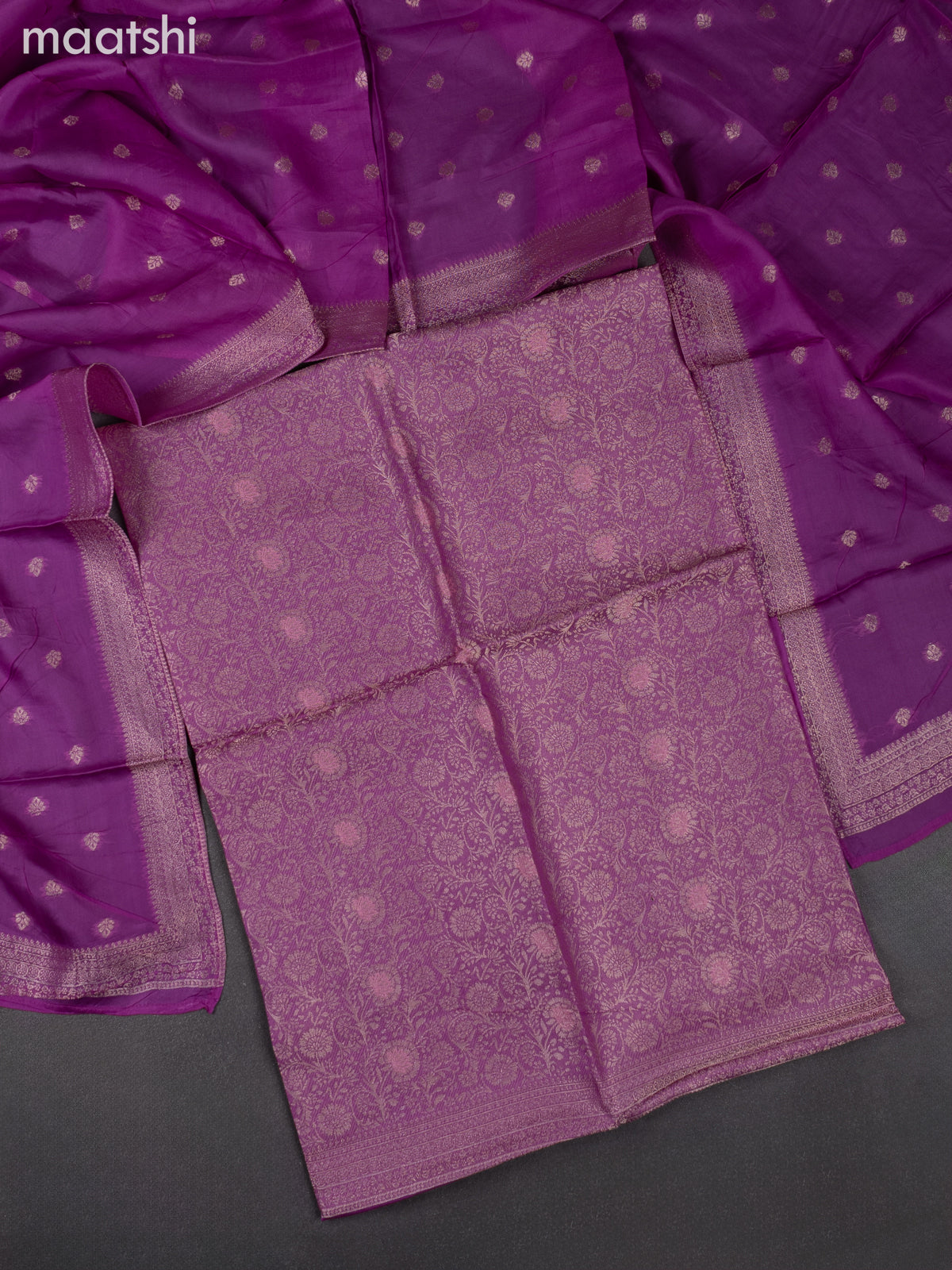 Banarasi silk dress material purple with allover zari brocade weaves and dupatta & without bottom