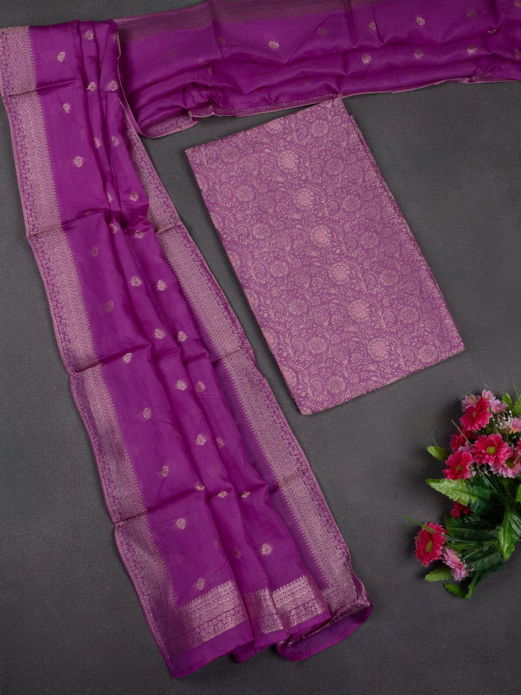 Banarasi silk dress material purple with allover zari brocade weaves and dupatta & without bottom