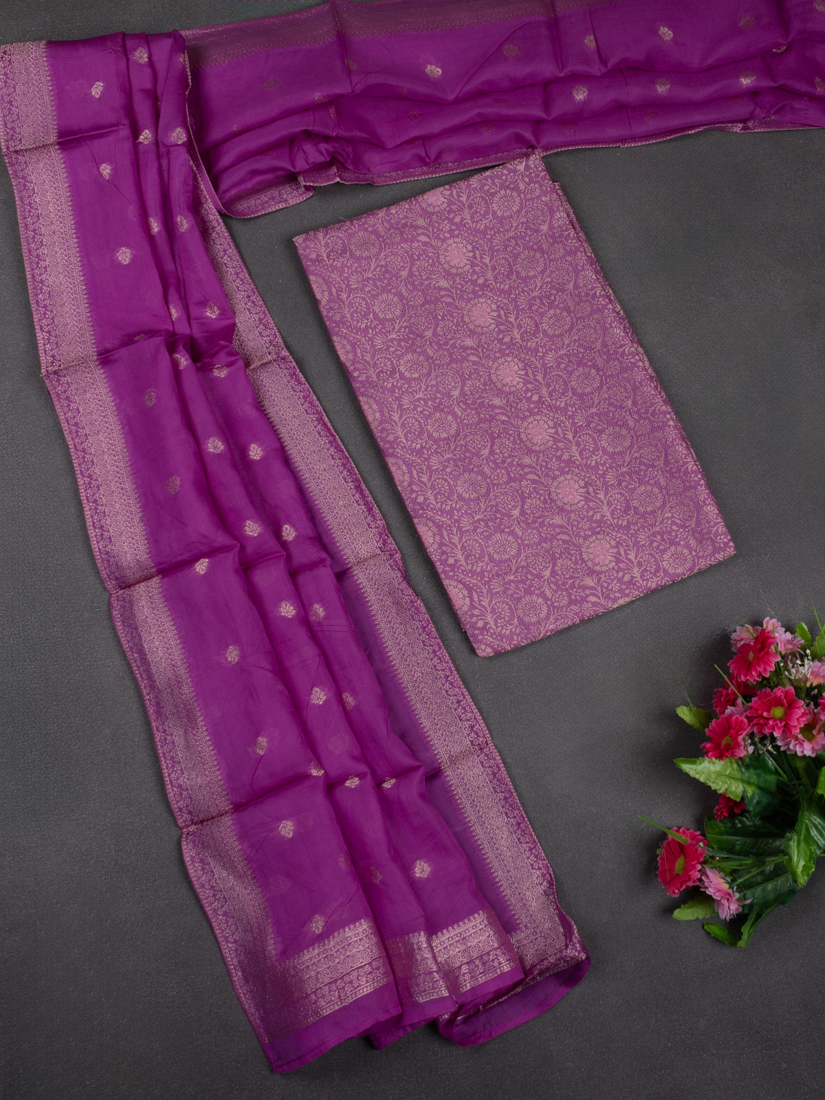 Banarasi silk dress material purple with allover zari brocade weaves and dupatta & without bottom