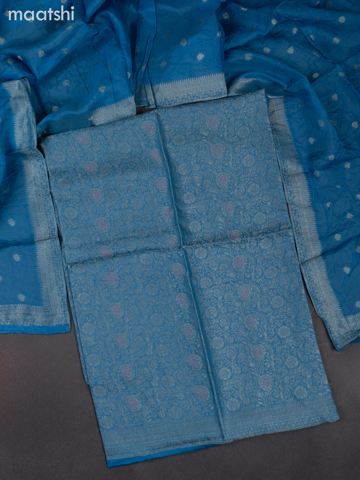 Banarasi silk dress material cs blue with allover zari brocade weaves and dupatta & without bottom