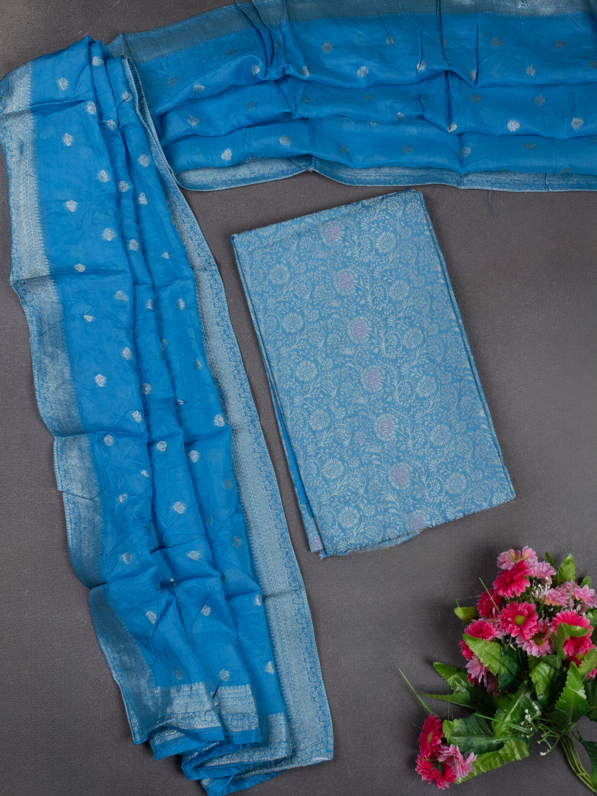 Banarasi silk dress material cs blue with allover zari brocade weaves and dupatta & without bottom