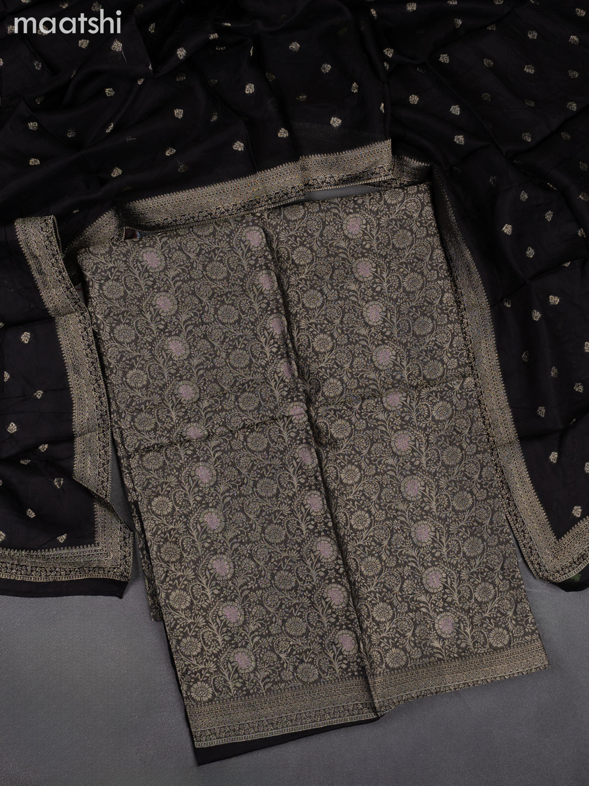 Banarasi silk dress material elephant grey with allover zari brocade weaves and dupatta & without bottom