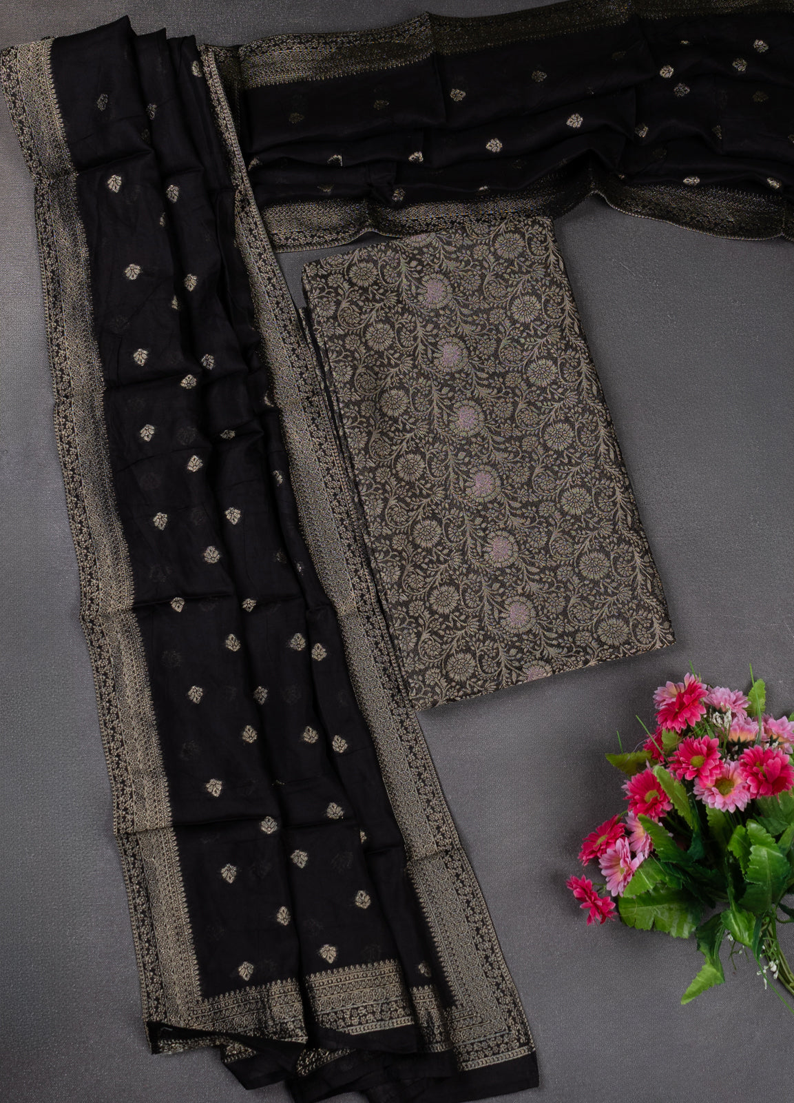 Banarasi silk dress material elephant grey with allover zari brocade weaves and dupatta & without bottom