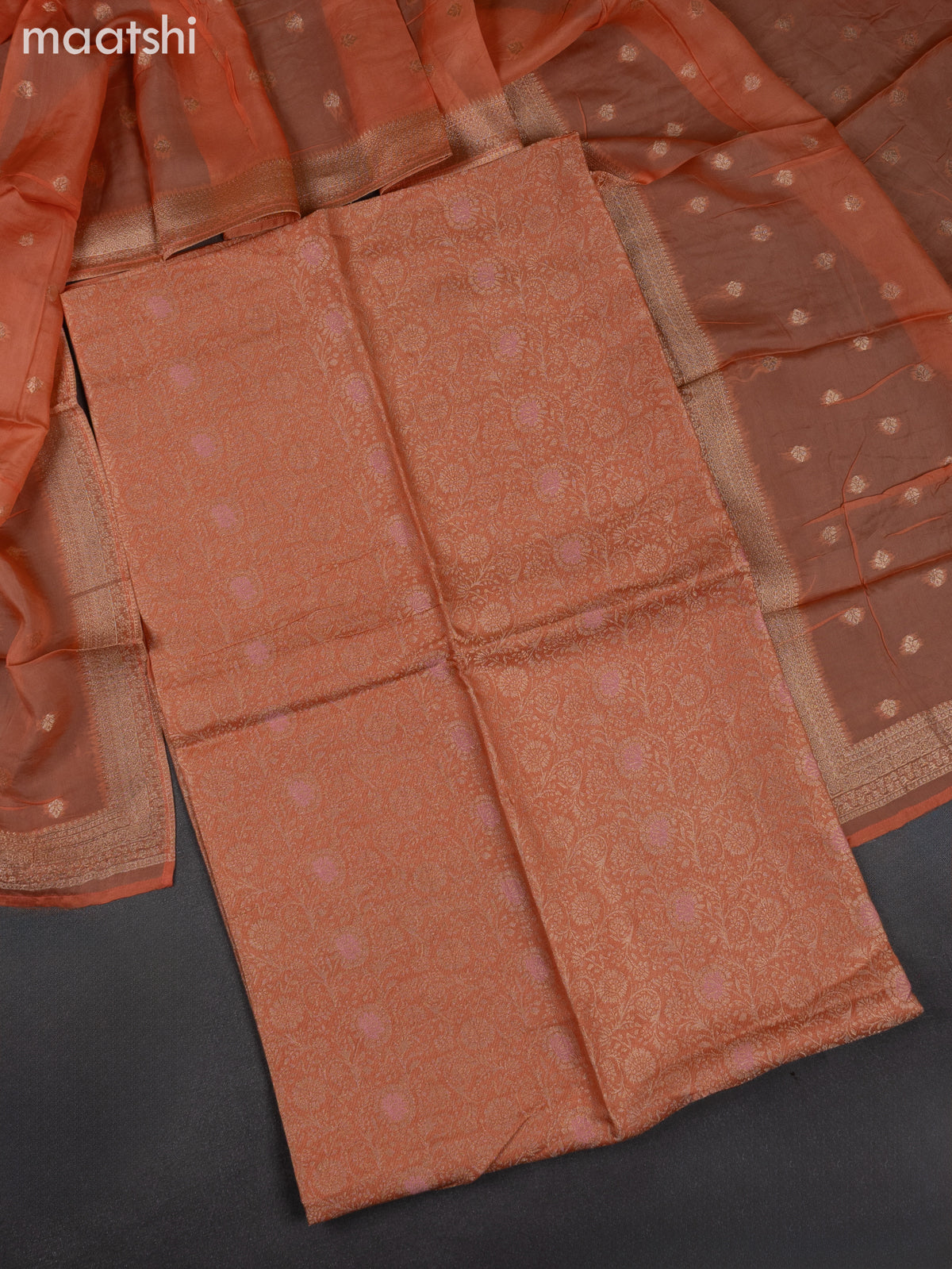 Banarasi silk dress material pale orange with allover zari brocade weaves and dupatta & without bottom
