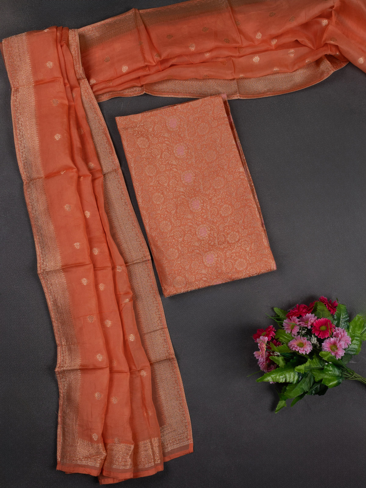 Banarasi silk dress material pale orange with allover zari brocade weaves and dupatta & without bottom