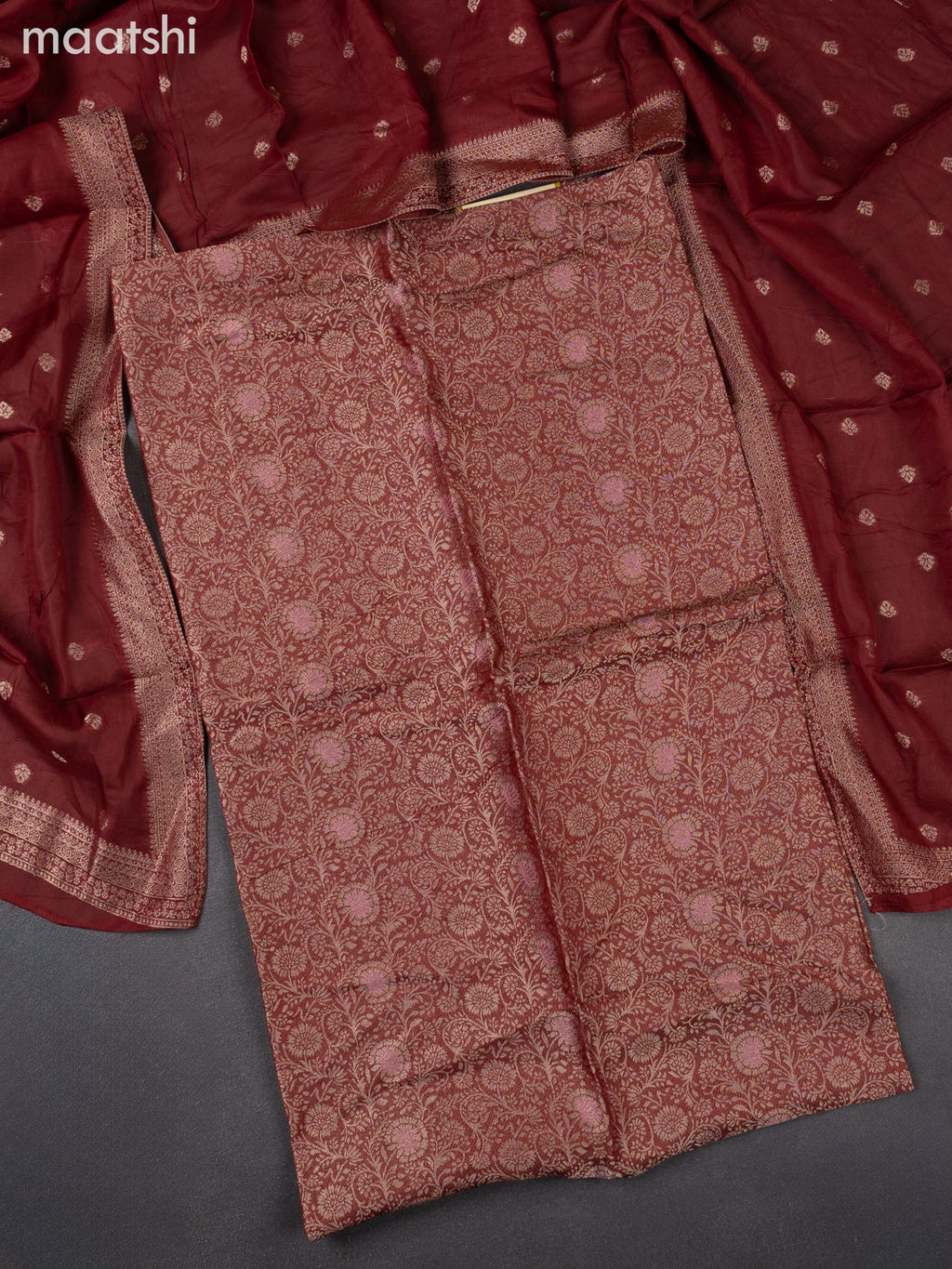 Banarasi silk dress material maroon with allover zari brocade weaves and dupatta & without bottom