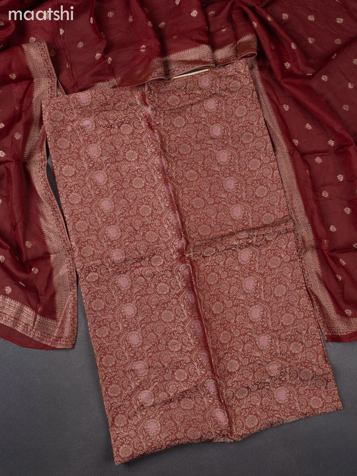 Banarasi silk dress material maroon with allover zari brocade weaves and dupatta & without bottom