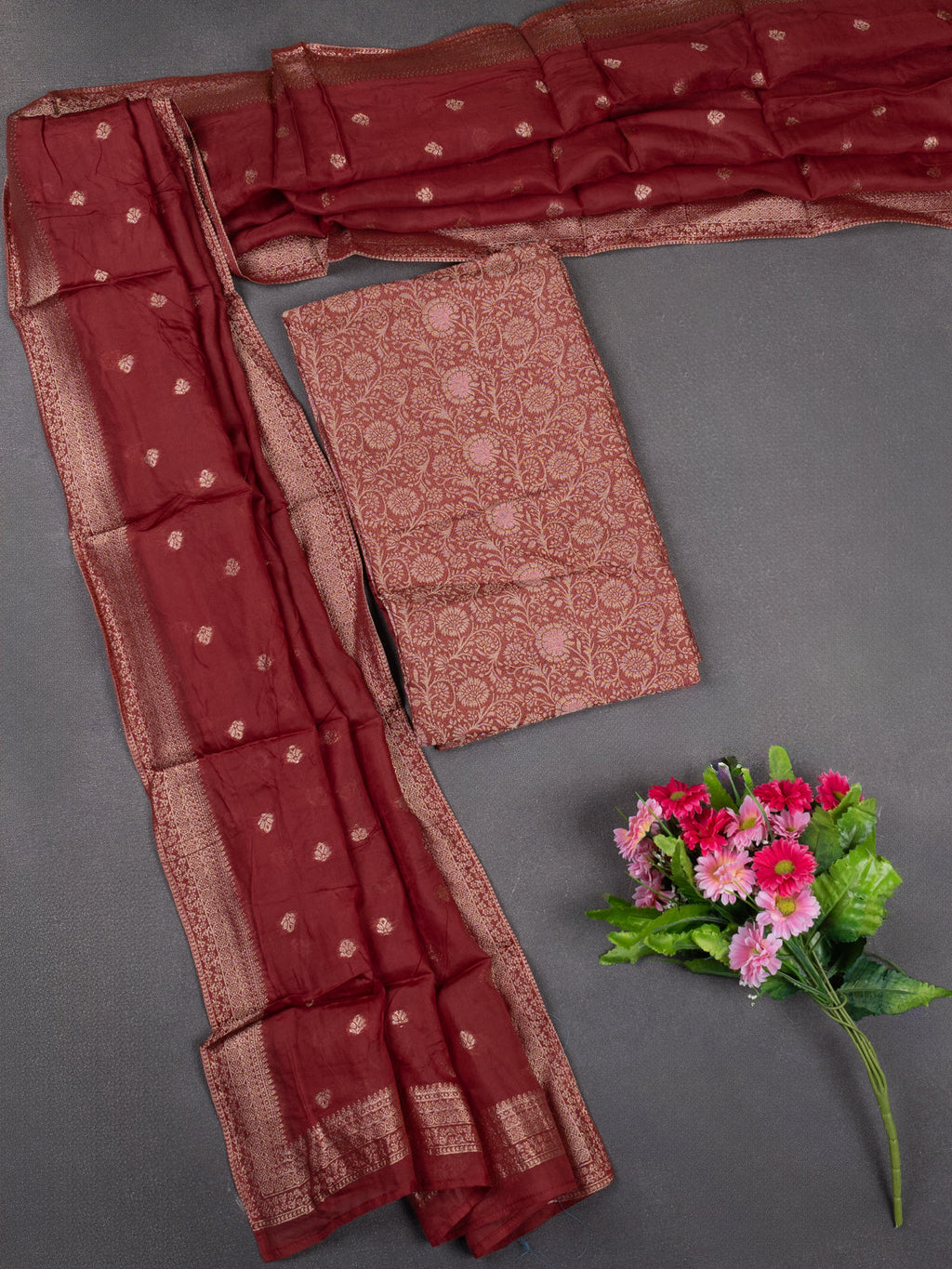 Banarasi silk dress material maroon with allover zari brocade weaves and dupatta & without bottom