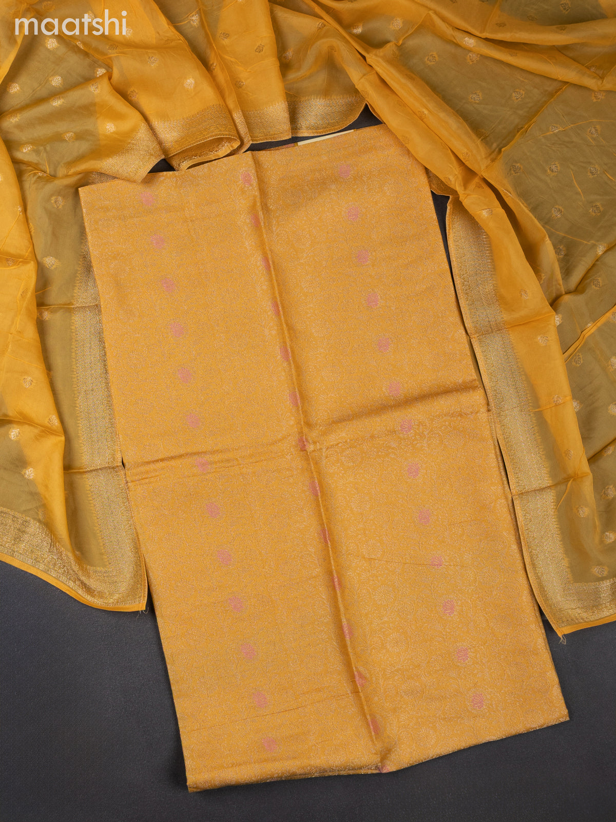 Banarasi silk dress material pale yellow with allover zari brocade weaves and dupatta & without bottom
