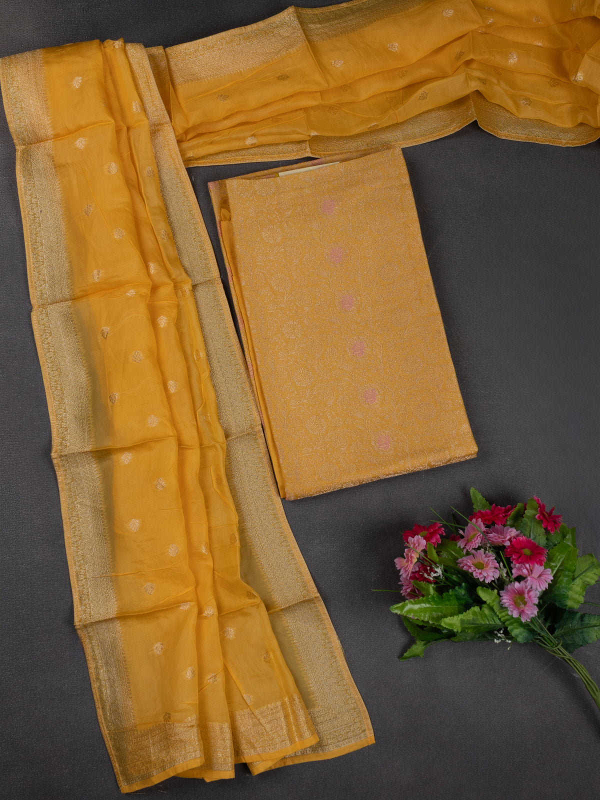 Banarasi silk dress material pale yellow with allover zari brocade weaves and dupatta & without bottom