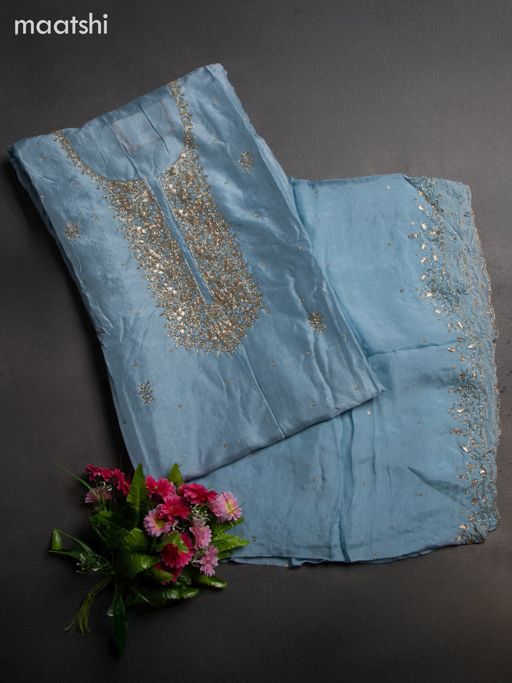 Festive wear dress material pastel blue with beaded work neck pattern and bottom & dupatta