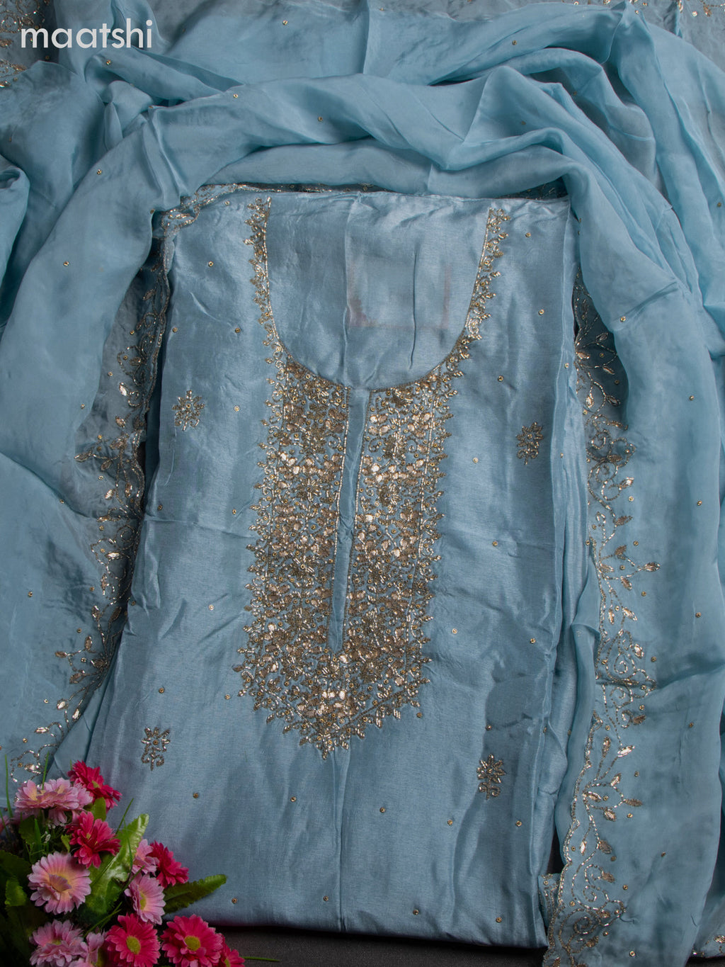Festive wear dress material pastel blue with beaded work neck pattern and bottom & dupatta