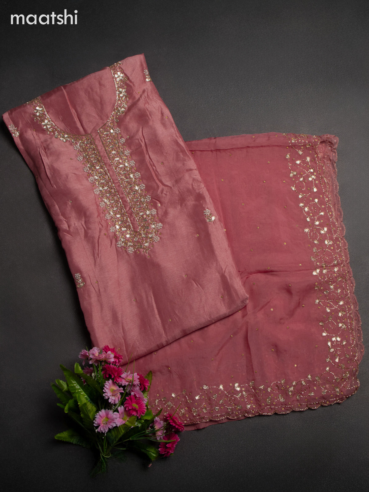 Festive wear dress material peach shade with beaded work neck pattern and bottom & dupatta
