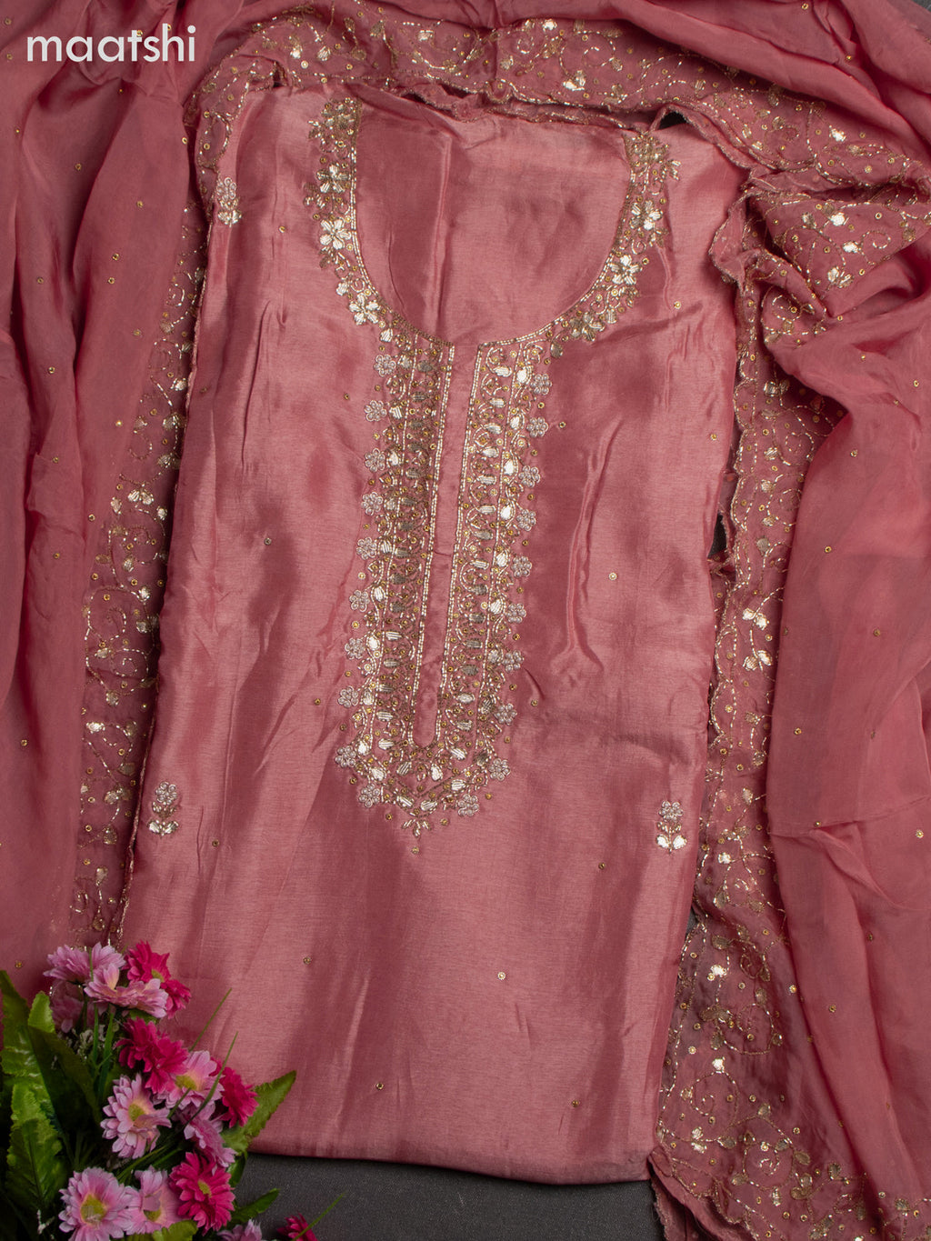 Festive wear dress material peach shade with beaded work neck pattern and bottom & dupatta