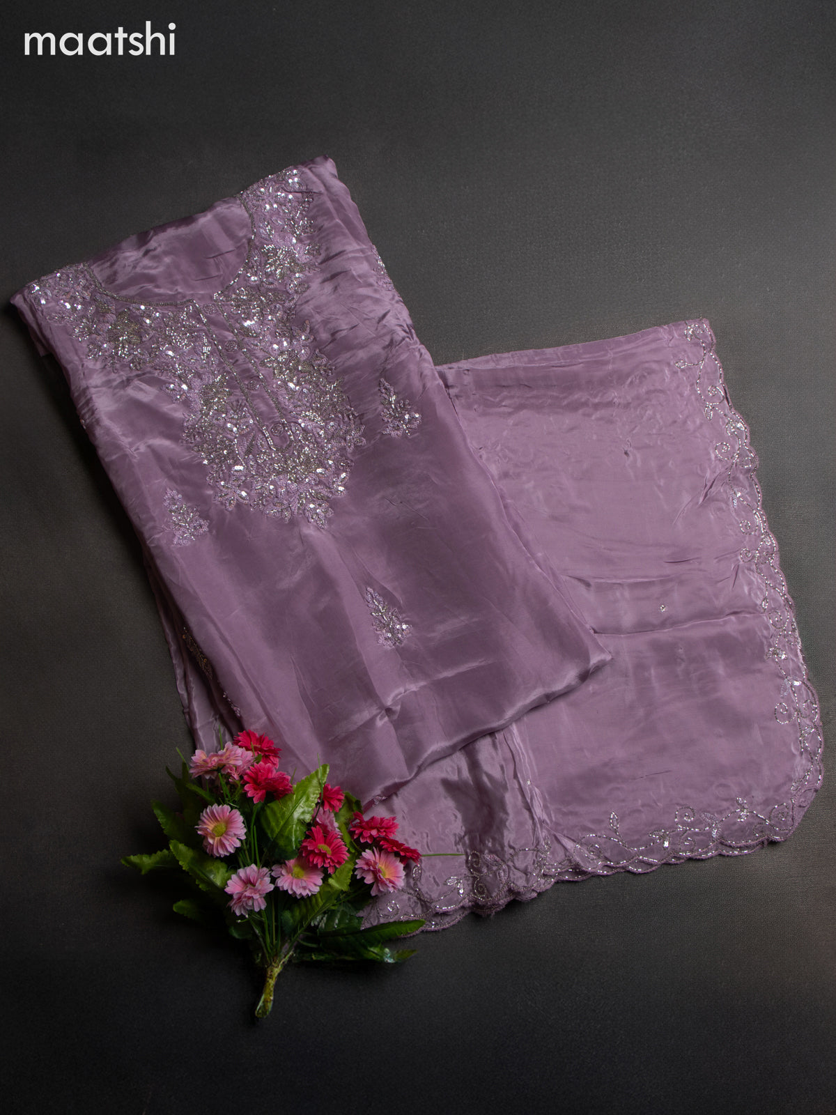 Festive wear dress material pastel lavender with sequin & beaded work neck pattern and bottom & dupatta