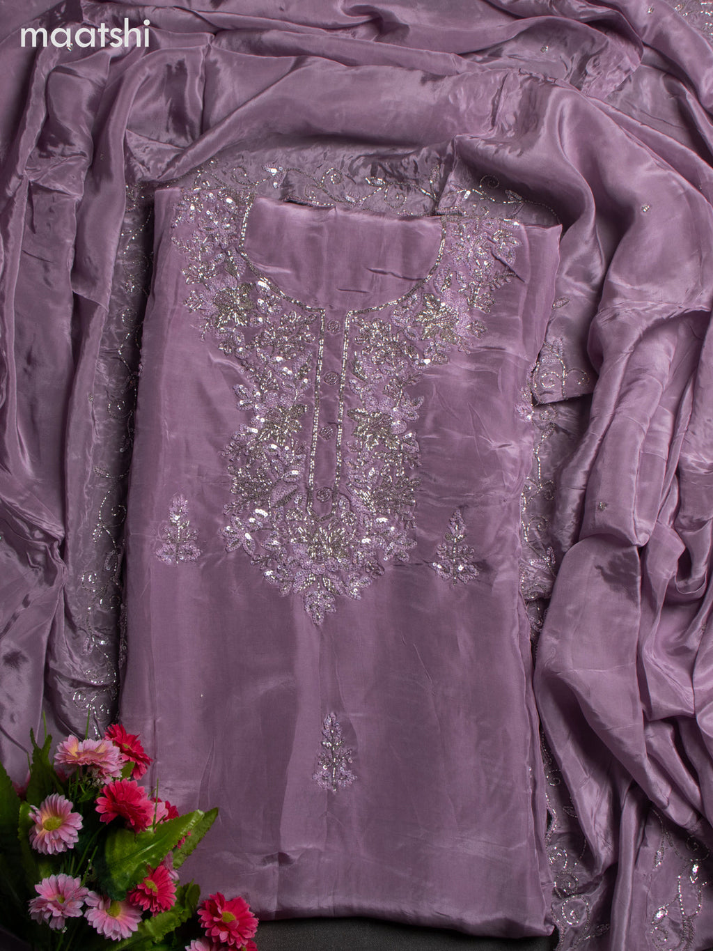 Festive wear dress material pastel lavender with sequin & beaded work neck pattern and bottom & dupatta