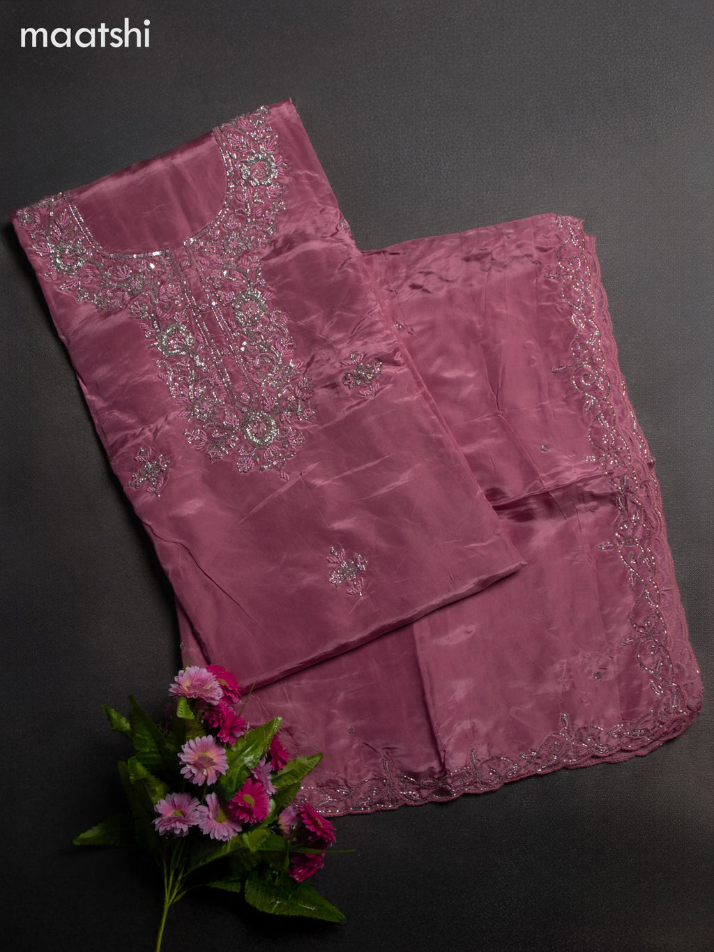 Festive wear dress material peach pink with sequin & beaded work neck pattern and bottom & dupatta