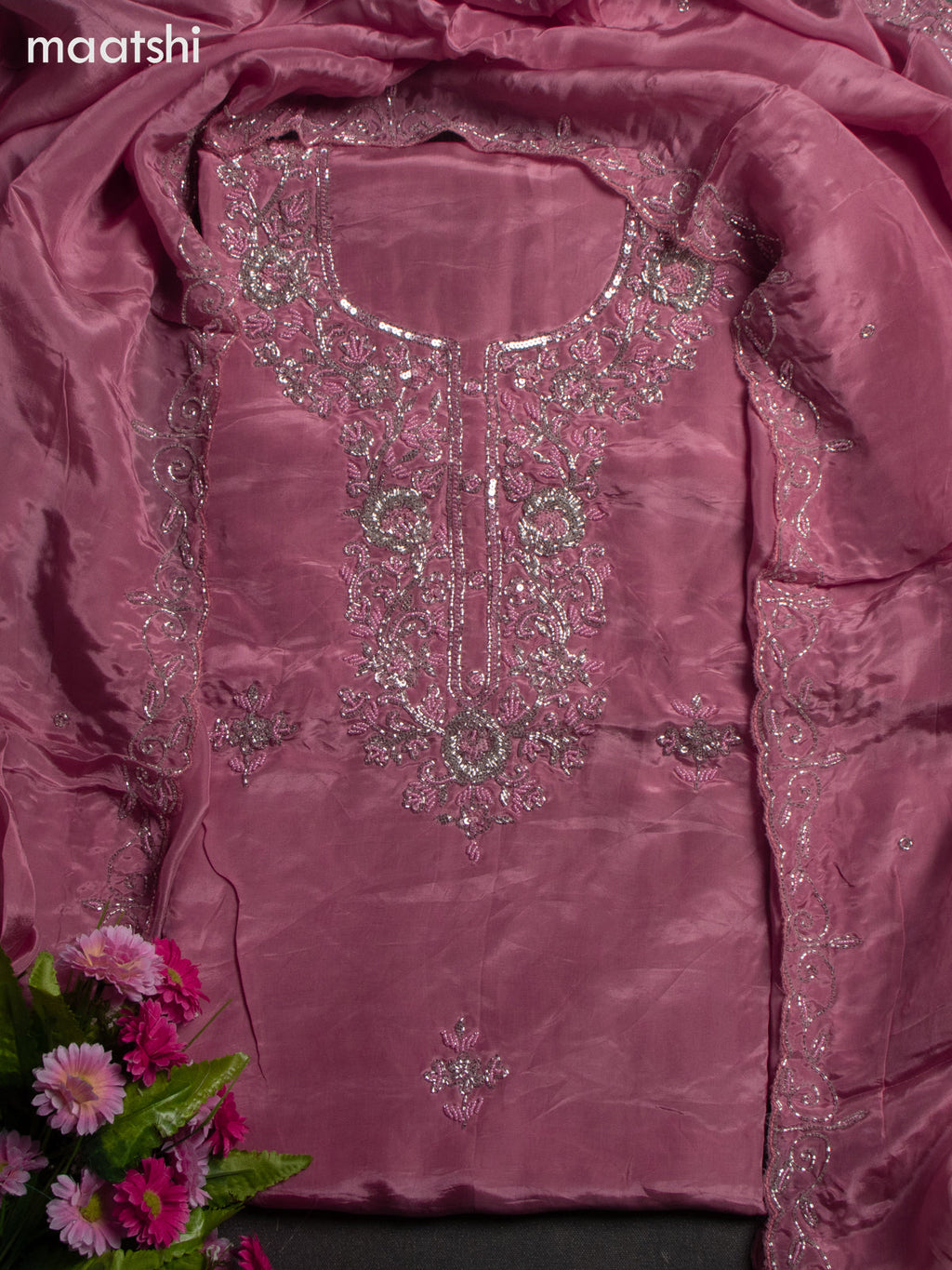 Festive wear dress material peach pink with sequin & beaded work neck pattern and bottom & dupatta