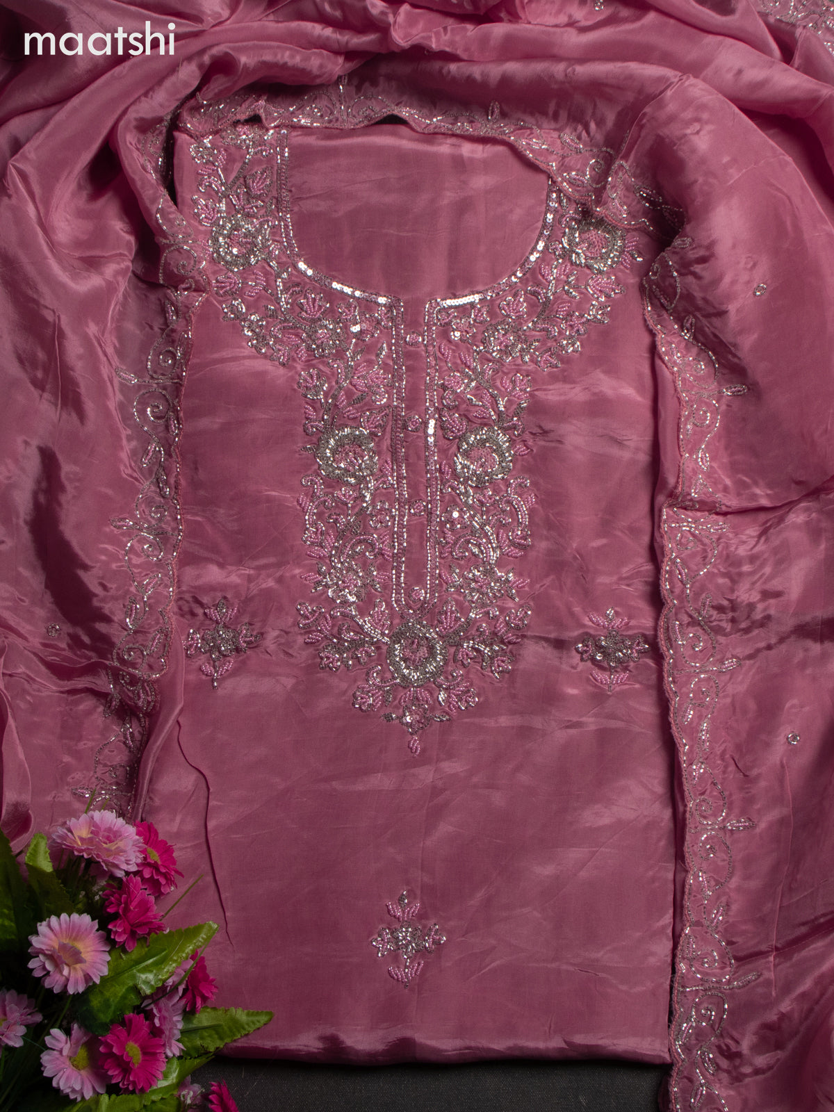 Festive wear dress material peach pink with sequin & beaded work neck pattern and bottom & dupatta