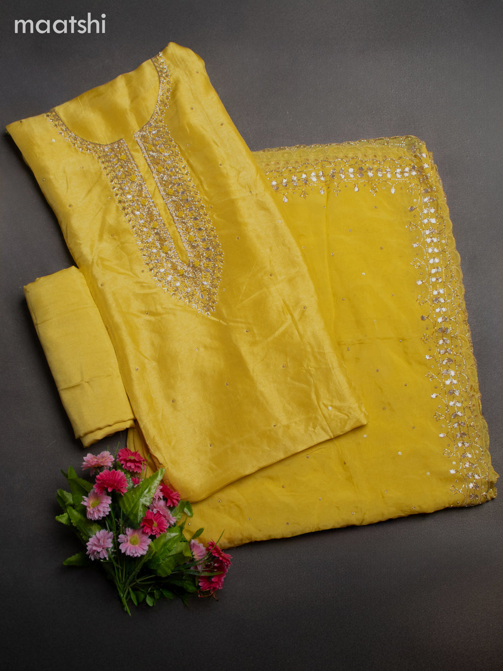 Festive wear dress material yellow with zardosi work neck pattern and bottom & dupatta