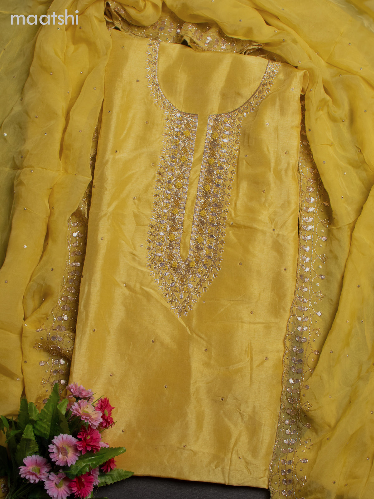 Festive wear dress material yellow with zardosi work neck pattern and Maatshi Festive wear dress material yellow with zardosi work neck pattern and Maatshi
