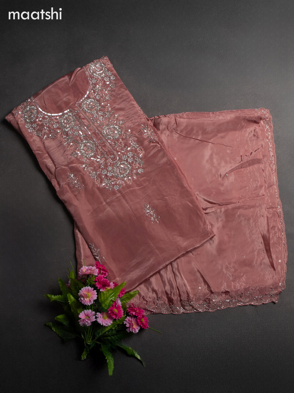 Festive wear dress material dark peach with sequin & beaded work neck pattern and bottom & dupatta