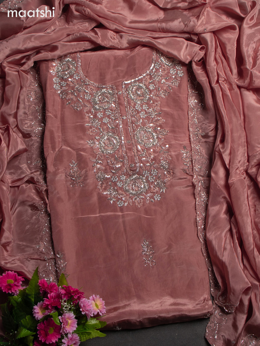 Festive wear dress material dark peach with sequin & beaded work neck pattern and bottom & dupatta