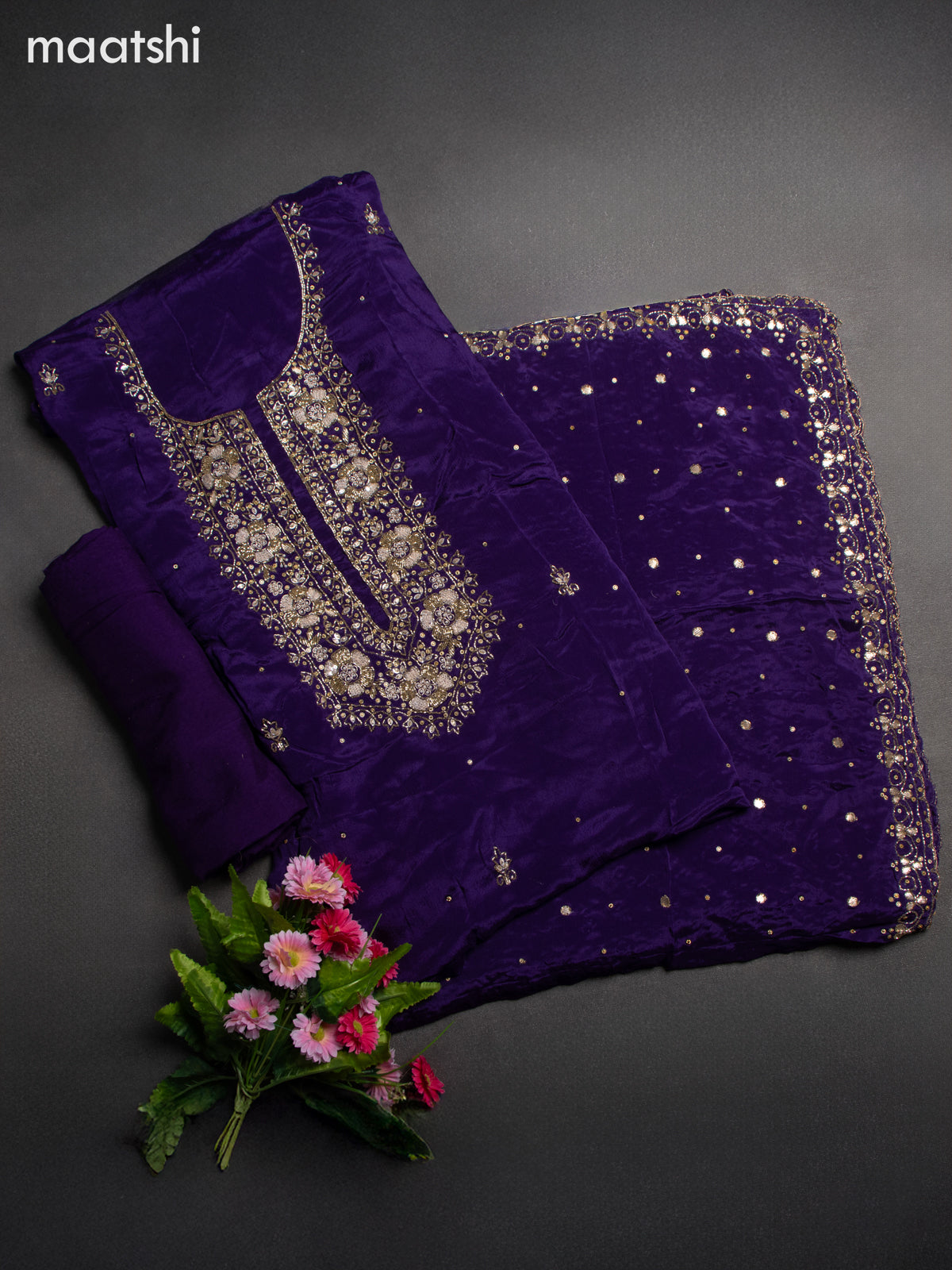 Festive wear dress material violet with sequin & beaded work neck pattern and bottom & dupatta