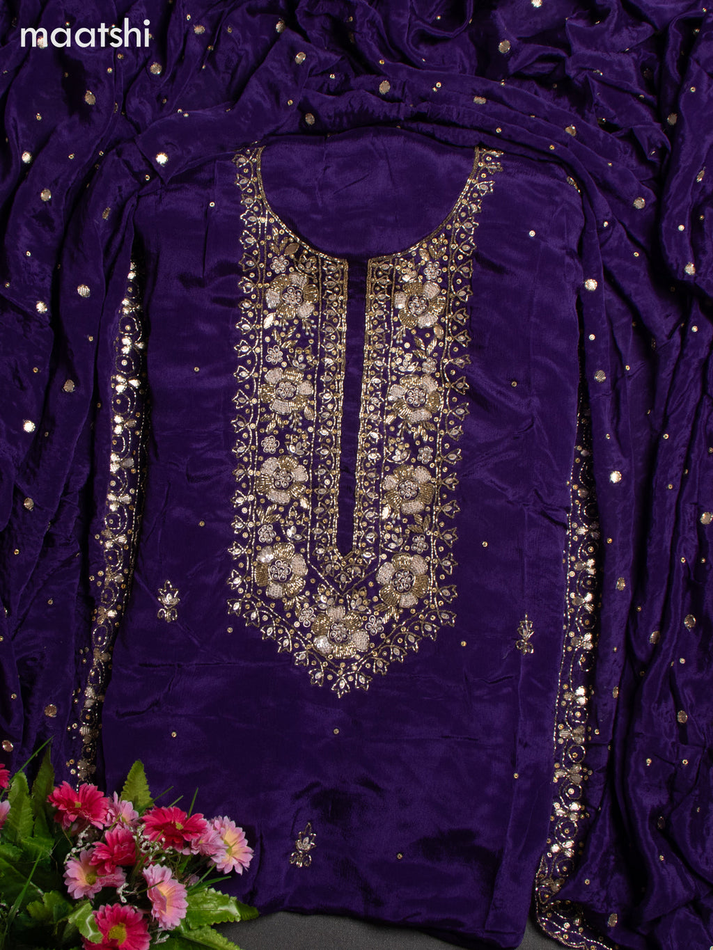 Festive wear dress material violet with sequin & beaded work neck pattern and bottom & dupatta