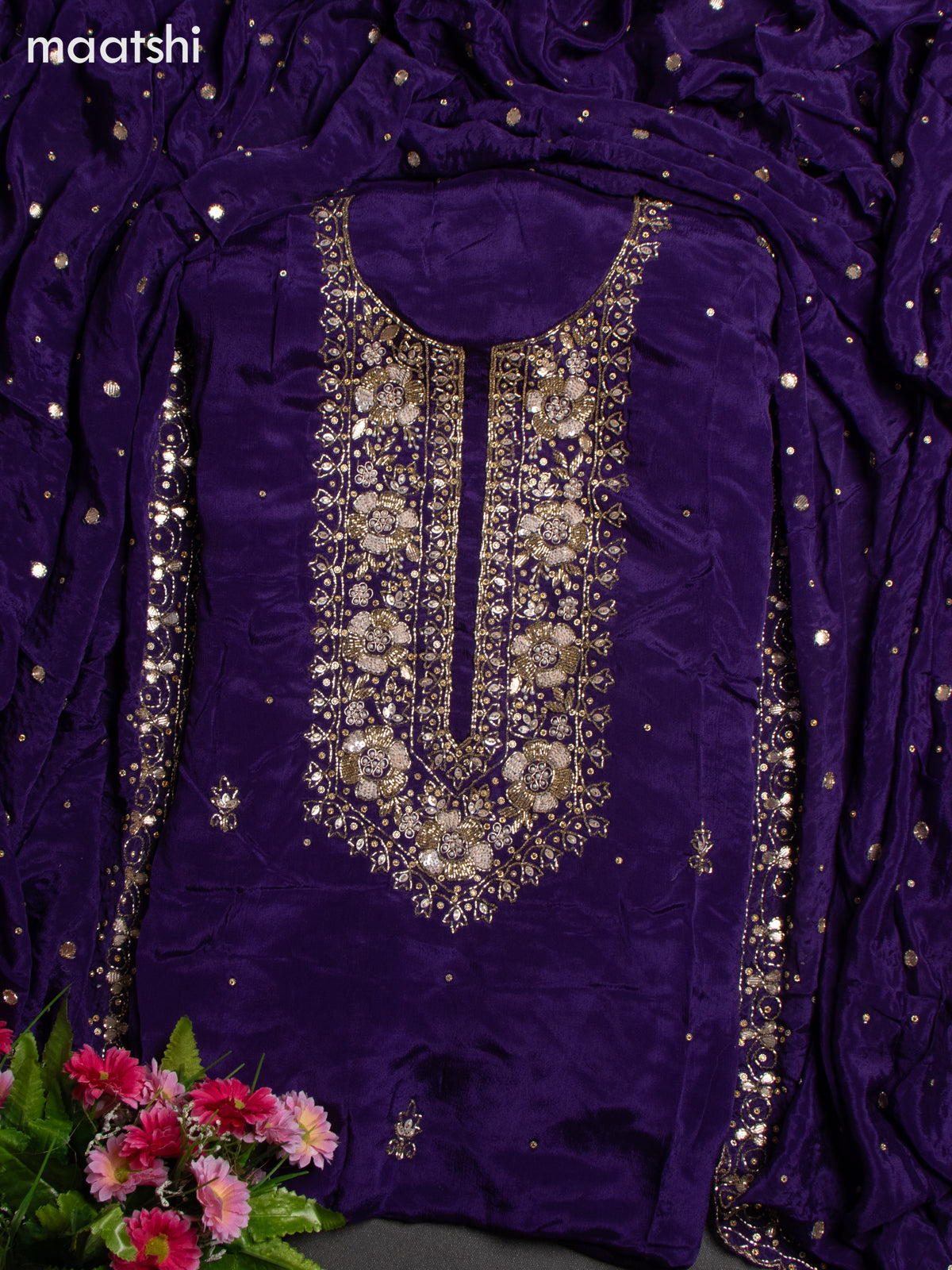 Festive wear dress material violet with sequin & beaded work neck pattern and bottom & dupatta