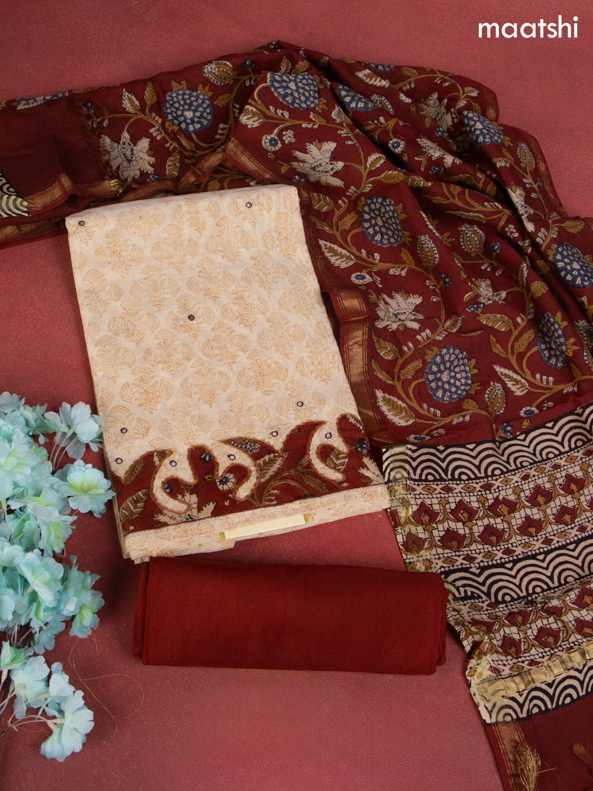 Chanderi dress material beige and rustic maroon with allover prints & patch work  and bottom & dupatta