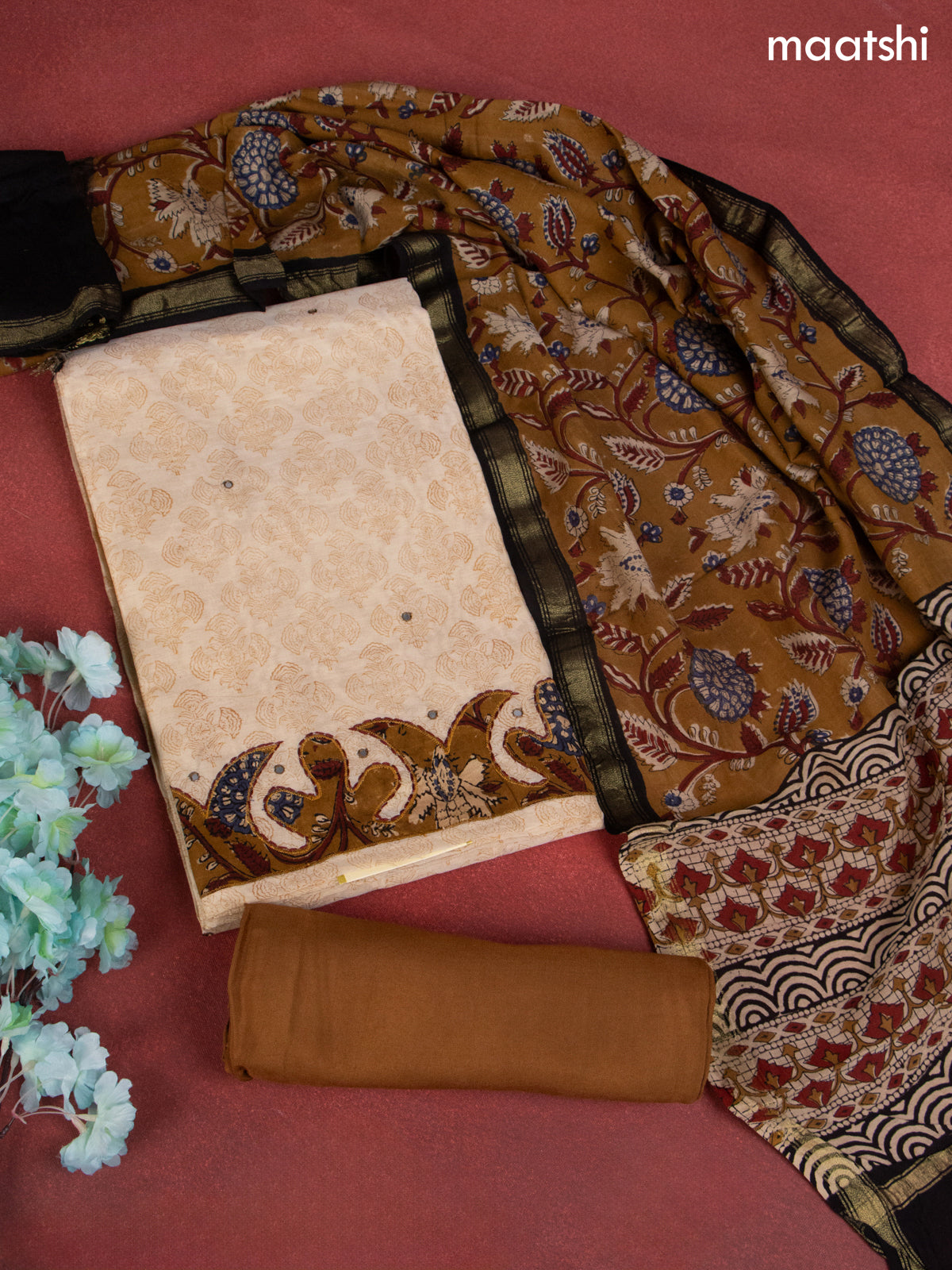 Chanderi dress material beige and dark mustard with allover prints & patch work  and bottom & dupatta