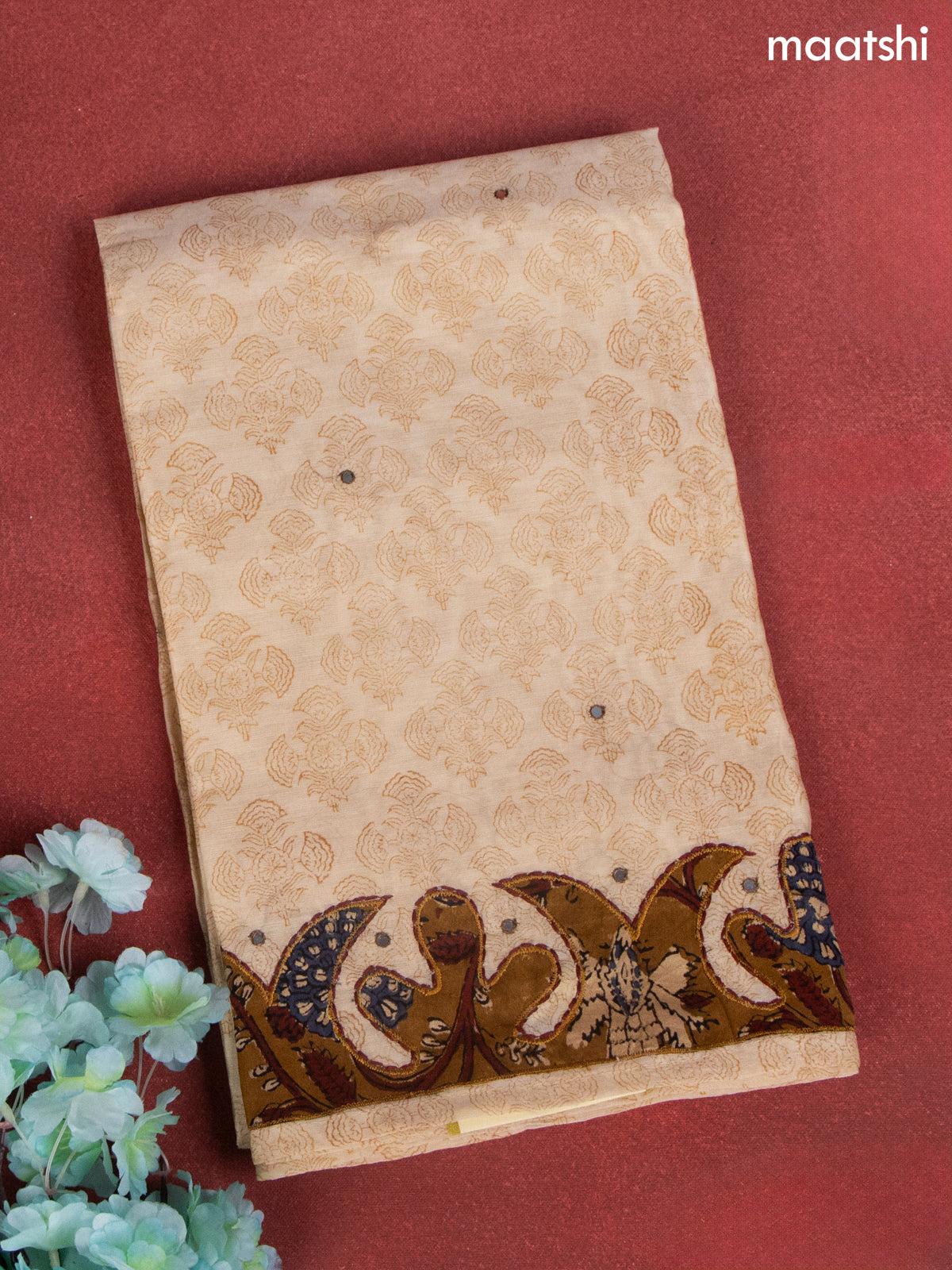 Chanderi dress material beige and dark mustard with allover prints & patch work  and bottom & dupatta