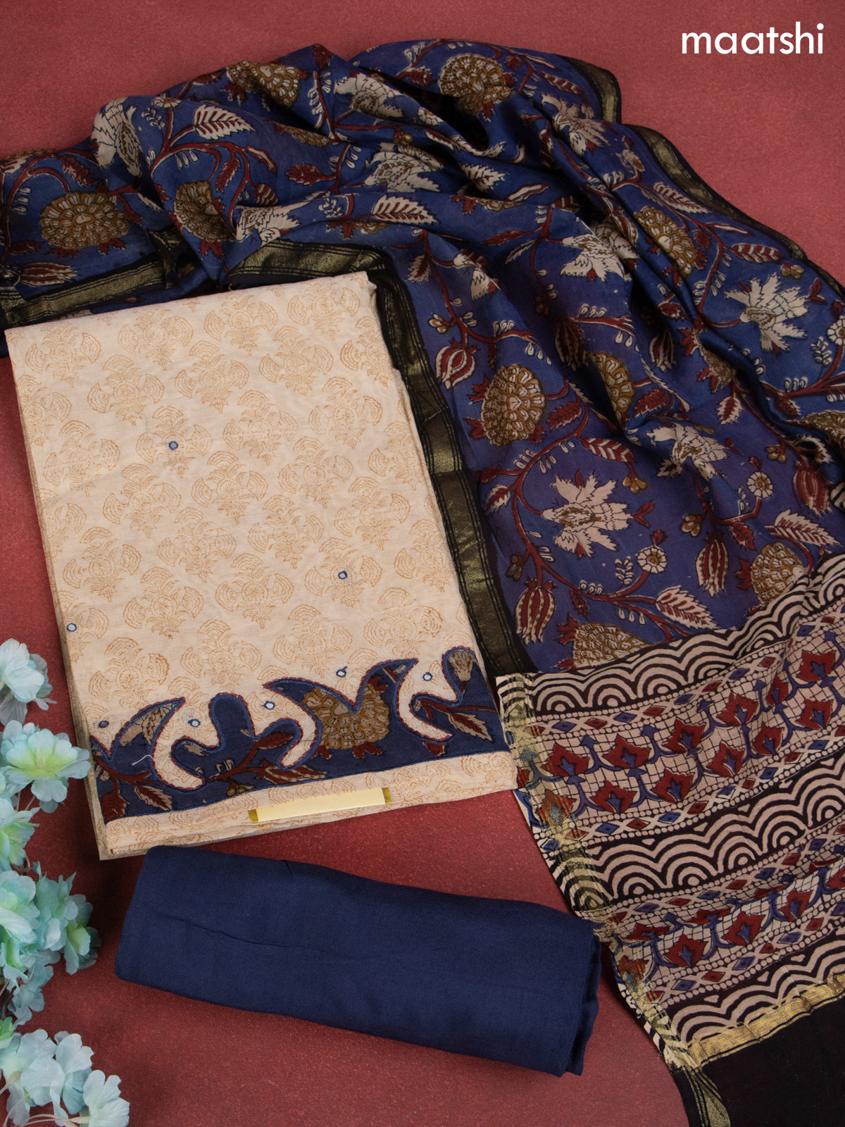 Chanderi dress material beige and blue with allover prints & patch work  and bottom & dupatta