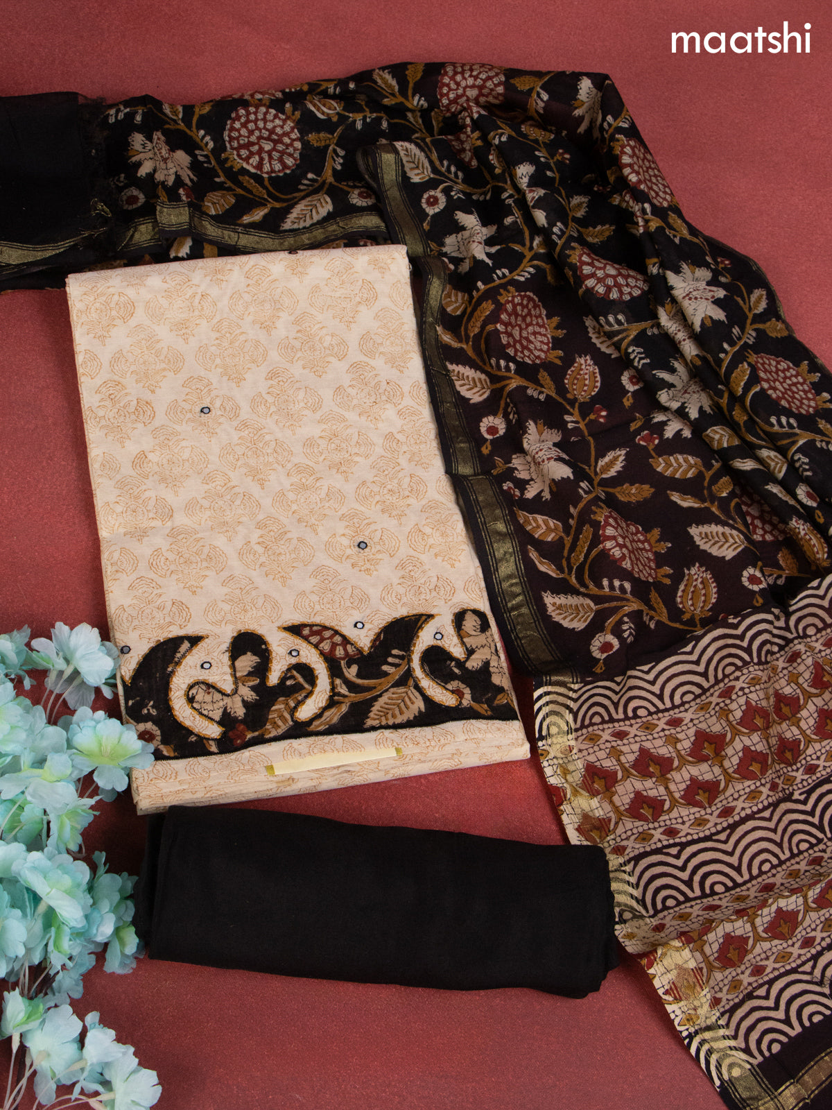 Chanderi dress material beige and black with allover prints & patch work  and bottom & dupatta
