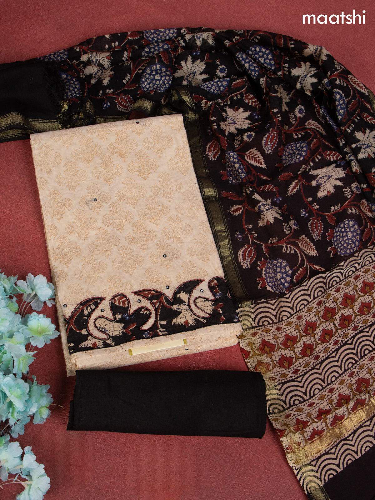 Chanderi dress material beige and black with allover prints & patch work  and bottom & dupatta