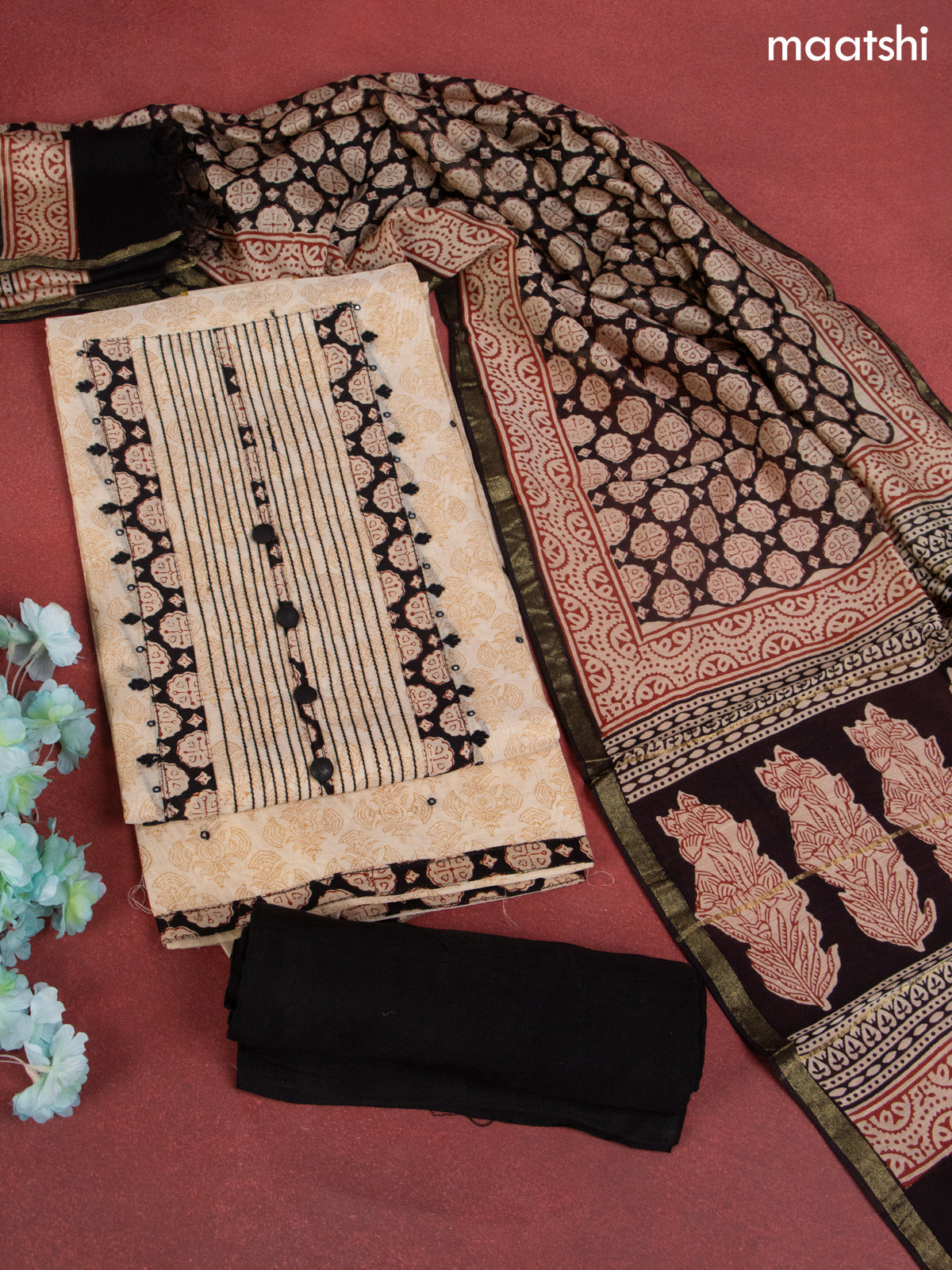 Chanderi dress material beige and black with allover prints & patch work neck pattern and bottom & dupatta