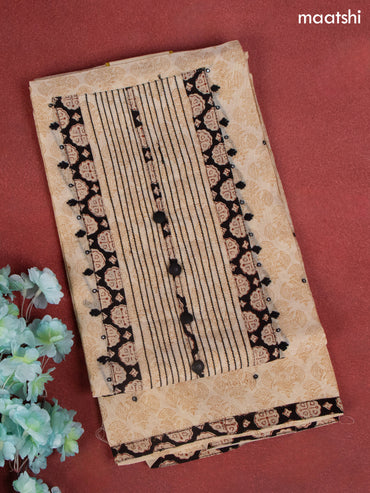 Chanderi dress material beige and black with allover prints & patch work neck pattern and bottom & dupatta