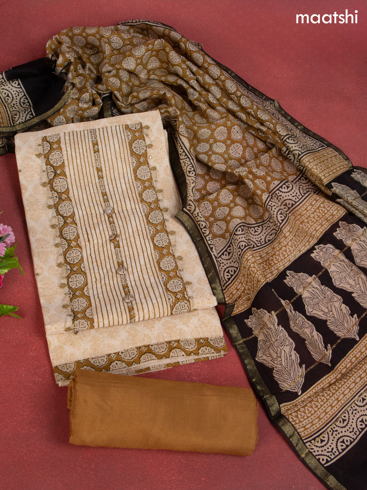 Chanderi dress material beige and dark mustardc with allover prints & patch work neck pattern and bottom & dupatta