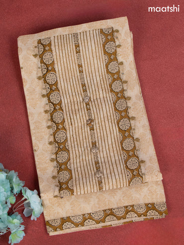 Chanderi dress material beige and dark mustardc with allover prints & patch work neck pattern and bottom & dupatta