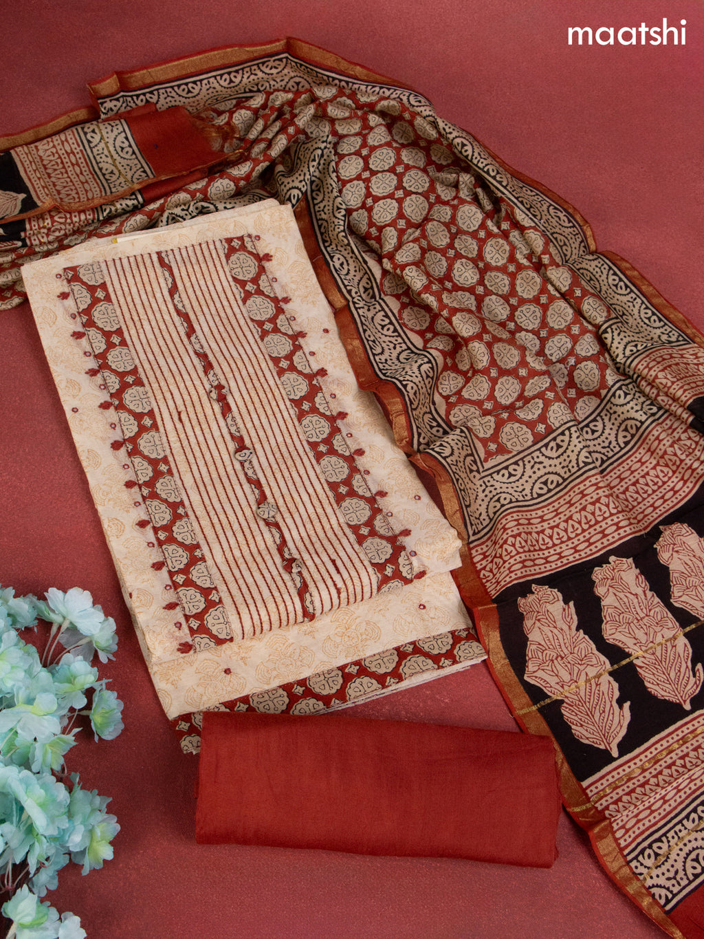Chanderi dress material beige and rustic maroon with allover prints & patch work neck pattern and bottom & dupatta
