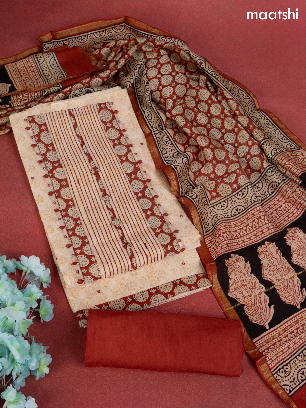 Chanderi dress material beige and rustic maroon with allover prints & patch work neck pattern and bottom & dupatta