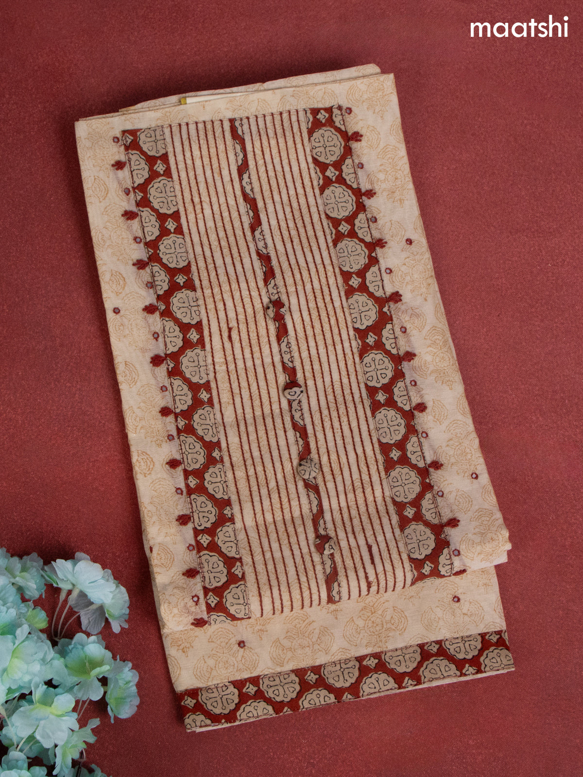 Chanderi dress material beige and rustic maroon with allover prints & patch work neck pattern and bottom & dupatta