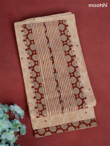 Chanderi dress material beige and rustic maroon with allover prints & patch work neck pattern and bottom & dupatta