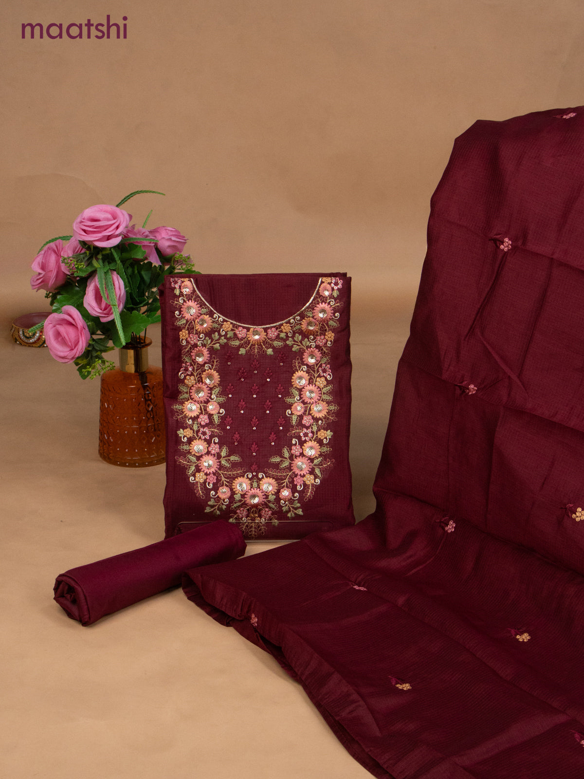 Semi tussar dress material maroon with sequin & embroidery work neck pattern and bottom & embroidery dupatta